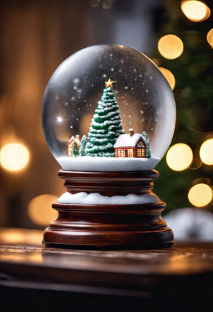 Christmas Snow Globe on a Table With Blurred of Christmas Tree for Christmas Backgroundの素材