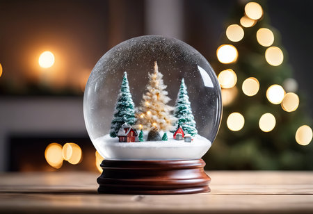 Christmas Snow Globe on a Table With Blurred of Christmas Tree for Christmas Backgroundの素材