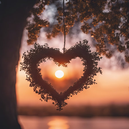 Heart Shaped Tree Branches With Sunset for Valentine's Day Backgroundの素材