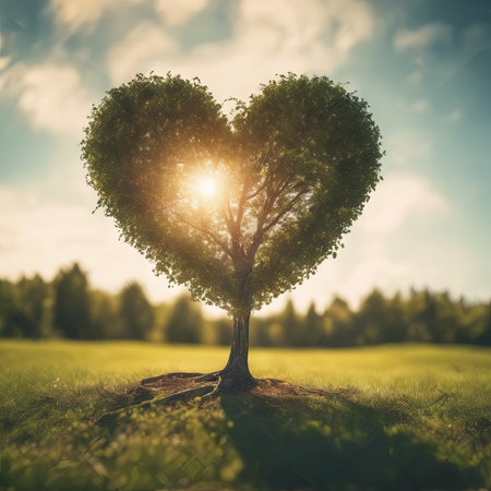 Heart Shaped Tree Branches With Sunrise for Valentine's Day Backgroundの素材