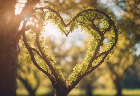Heart Shaped Tree Branches With Sunrise for Valentine's Day Backgroundの素材