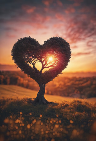 Heart Shaped Tree Branches With Sunset for Valentine's Day Backgroundの素材