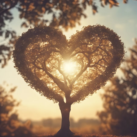 Heart Shaped Tree Branches With Sunrise for Valentine's Day Backgroundの素材
