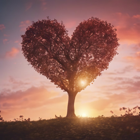 Heart Shaped Tree Branches With Sunset for Valentine's Day Backgroundの素材