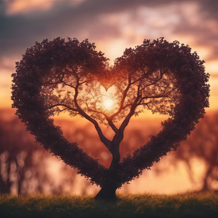Heart Shaped Tree Branches With Sunset for Valentine's Day Backgroundの素材