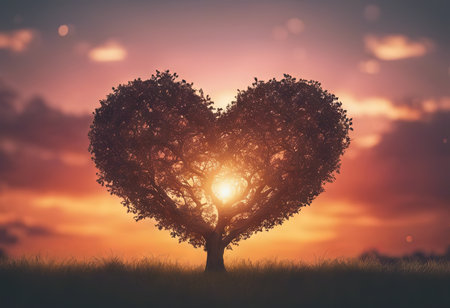Heart Shaped Tree Branches With Sunset for Valentine's Day Backgroundの素材