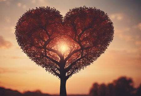 Heart Shaped Tree Branches With Sunset for Valentine's Day Backgroundの素材