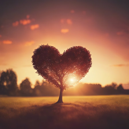 Heart Shaped Tree Branches With Sunset for Valentine's Day Backgroundの素材