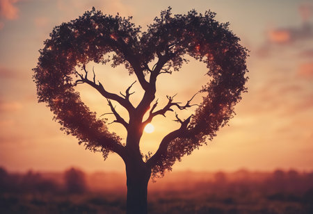 Heart Shaped Tree Branches With Sunset for Valentine's Day Backgroundの素材