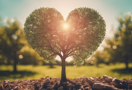 Heart Shaped Tree Branches With Sunrise for Valentine's Day Backgroundの素材
