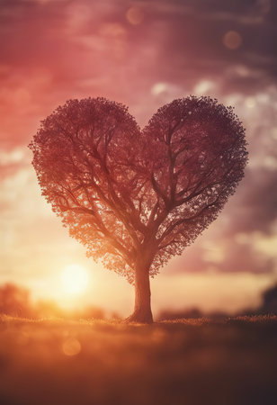 Heart Shaped Tree Branches With Sunset for Valentine's Day Backgroundの素材
