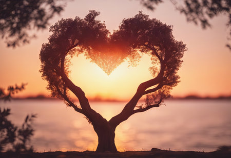 Heart Shaped Tree Branches With Sunset for Valentine's Day Backgroundの素材