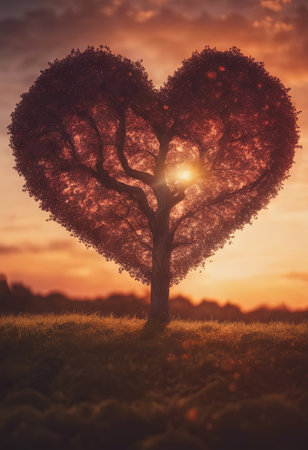 Heart Shaped Tree Branches With Sunset for Valentine's Day Backgroundの素材