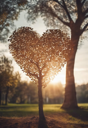 Heart Shaped Tree Branches With Sunrise for Valentine's Day Backgroundの素材
