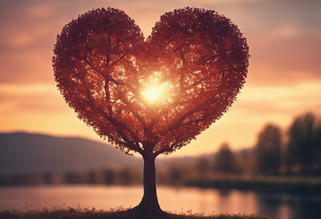 Heart Shaped Tree Branches With Sunset for Valentine's Day Backgroundの素材
