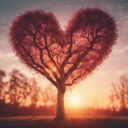 Heart Shaped Tree Branches With Sunset for Valentine's Day Backgroundの素材