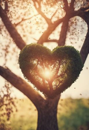 Heart Shaped Tree Branches With Sunrise for Valentine's Day Backgroundの素材