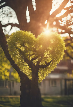 Heart Shaped Tree Branches With Sunrise for Valentine's Day Backgroundの素材