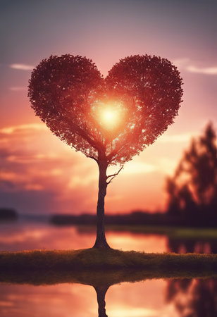 Heart Shaped Tree Branches With Sunset for Valentine's Day Backgroundの素材