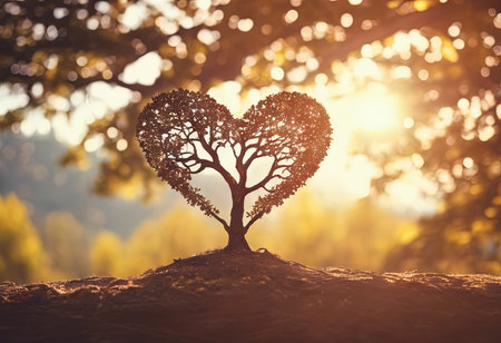 Heart Shaped Tree Branches With Sunrise for Valentine's Day Backgroundの素材