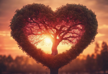 Heart Shaped Tree Branches With Sunset for Valentine's Day Backgroundの素材