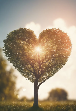 Heart Shaped Tree Branches With Sunrise for Valentine's Day Backgroundの素材
