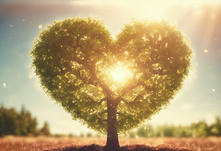 Heart Shaped Tree Branches With Sunrise for Valentine's Day Backgroundの素材