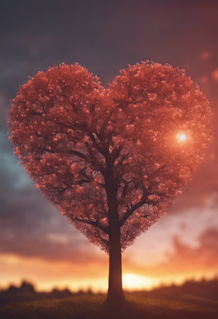 Heart Shaped Tree Branches With Sunset for Valentine's Day Backgroundの素材