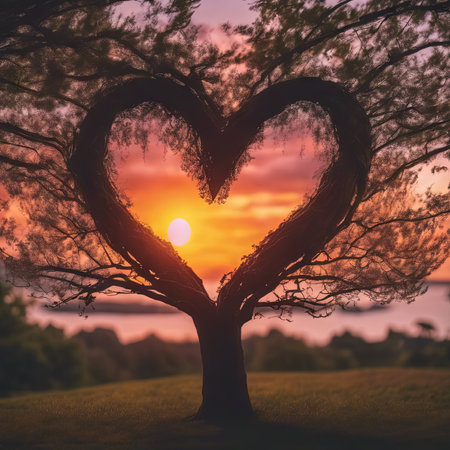 Heart Shaped Tree Branches With Sunset for Valentine's Day Backgroundの素材