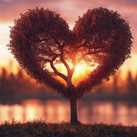 Heart Shaped Tree Branches With Sunset for Valentine's Day Backgroundの素材