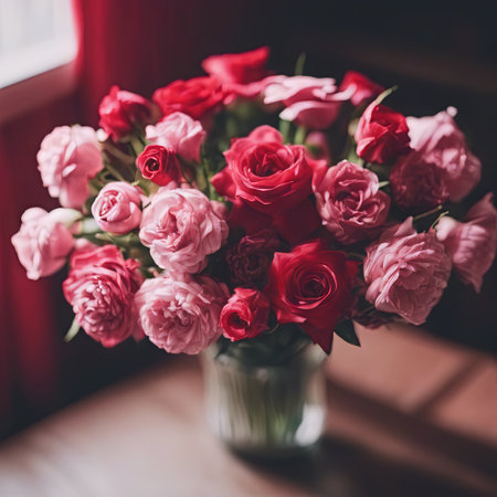 Beautiful Pink Flowers on a White Table for Valentine's Day Backgroundの素材