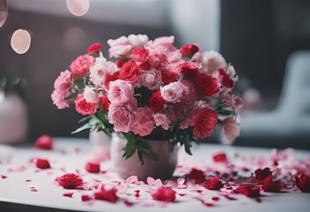 Beautiful Pink Flowers on a White Table for Valentine's Day Backgroundの素材
