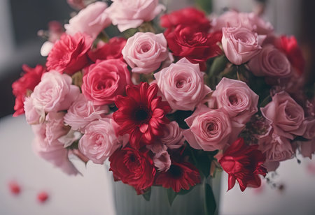 Beautiful Pink Flowers on a White Table for Valentine's Day Backgroundの素材
