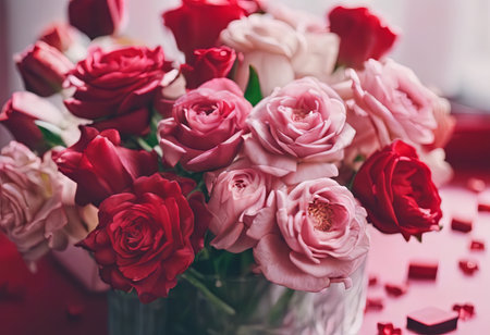 Beautiful Pink Flowers on a White Table for Valentine's Day Backgroundの素材
