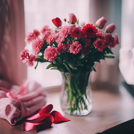 Beautiful Pink Flowers on a White Table for Valentine's Day Backgroundの素材