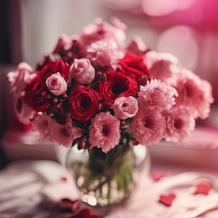 Beautiful Pink Flowers on a White Table for Valentine's Day Backgroundの素材