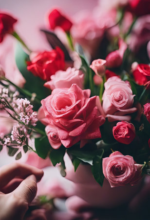 Beautiful Pink Flowers on a White Table for Valentine's Day Backgroundの素材