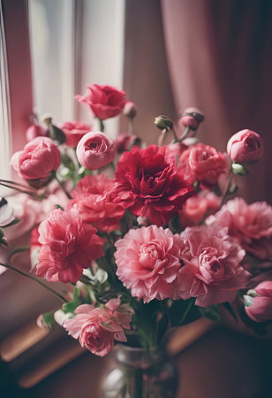 Beautiful Pink Flowers on a White Table for Valentine's Day Backgroundの素材