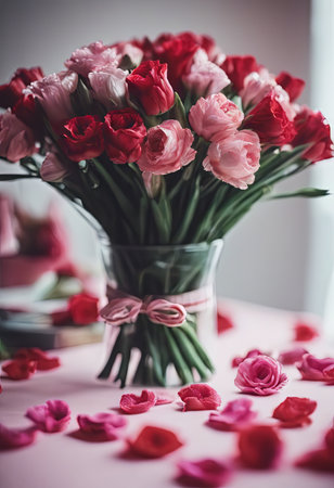 Beautiful Pink Flowers on a White Table for Valentine's Day Backgroundの素材