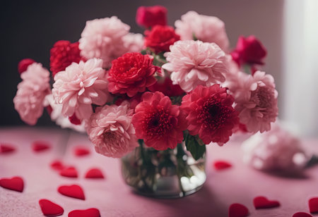 Beautiful Pink Flowers on a White Table for Valentine's Day Backgroundの素材