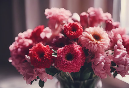 Beautiful Pink Flowers on a White Table for Valentine's Day Backgroundの素材