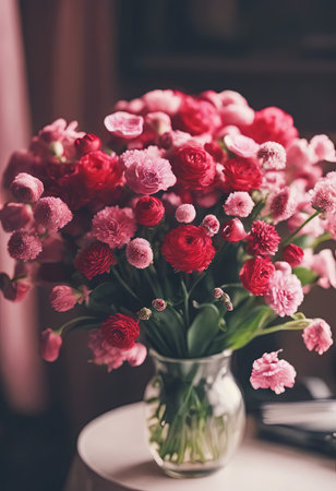 Beautiful Pink Flowers on a White Table for Valentine's Day Backgroundの素材
