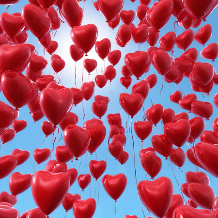 Heart Shaped Balloons Floating in the Bright Sky for Valentine's Day Backgroundの素材
