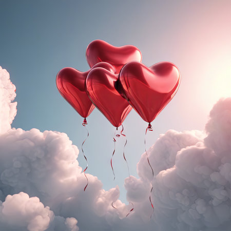 Heart Shaped Balloons Floating in the Bright Sky for Valentine's Day Backgroundの素材