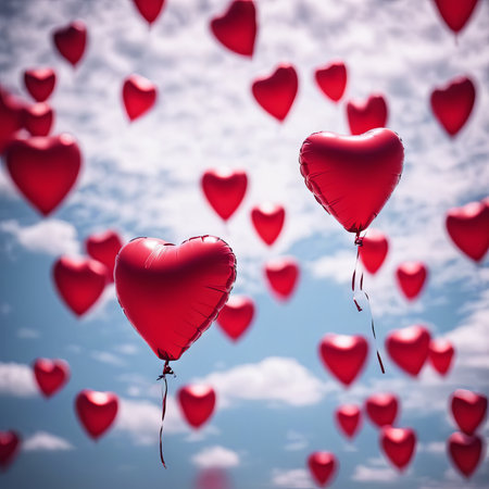 Heart Shaped Balloons Floating in the Bright Sky for Valentine's Day Backgroundの素材
