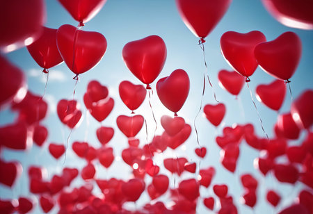 Heart Shaped Balloons Floating in the Bright Sky for Valentine's Day Backgroundの素材