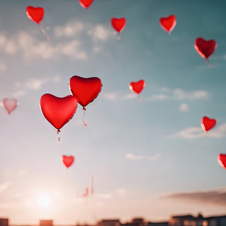 Heart Shaped Balloons Floating in the Bright Sky for Valentine's Day Backgroundの素材