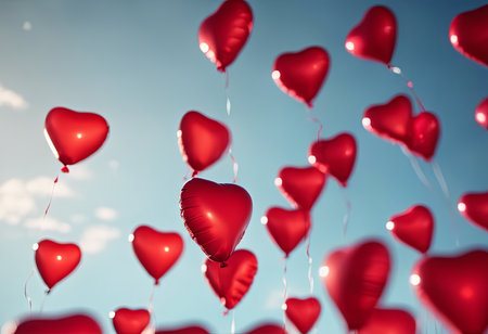 Heart Shaped Balloons Floating in the Bright Sky for Valentine's Day Backgroundの素材