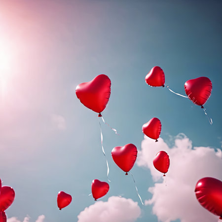Heart Shaped Balloons Floating in the Bright Sky for Valentine's Day Backgroundの素材
