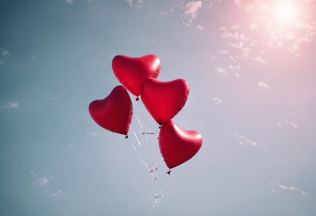Heart Shaped Balloons Floating in the Bright Sky for Valentine's Day Backgroundの素材